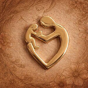 Mother And Child Gold Heart Vintage Lapel Pin Brooch